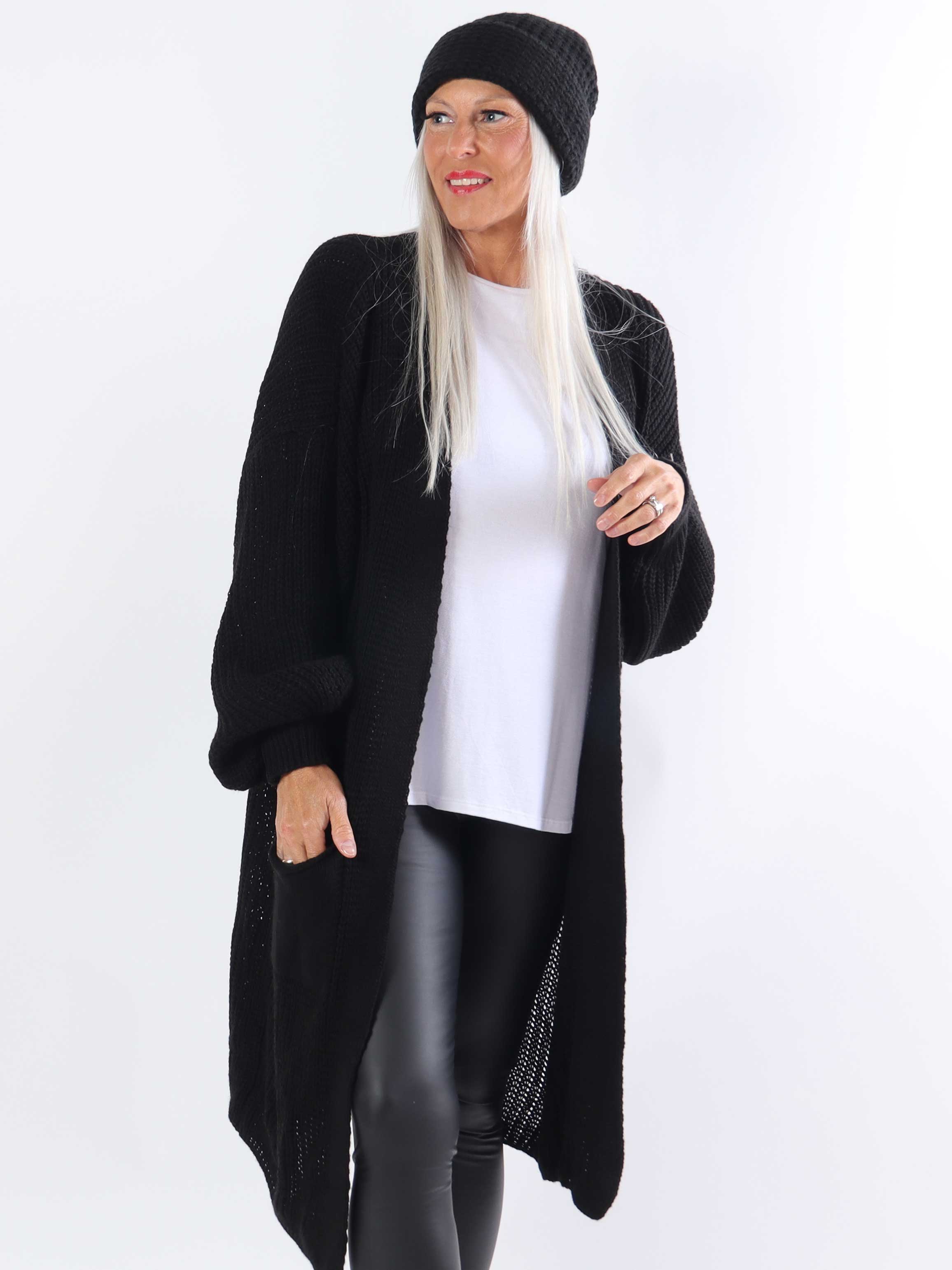 Sally Midi - Stickad kofta i plus size med ballongärmar och fickor